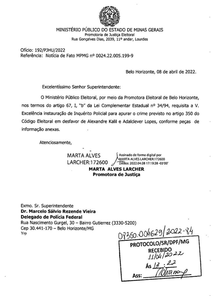 Pedido de abertura de inquérito contra Alexandre Kalil, feito pelo Ministério Público Eleitoral de Minas Gerais