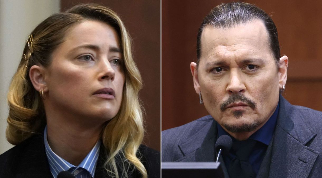 Amber Heard e Johnny Depp durante o julgamento
