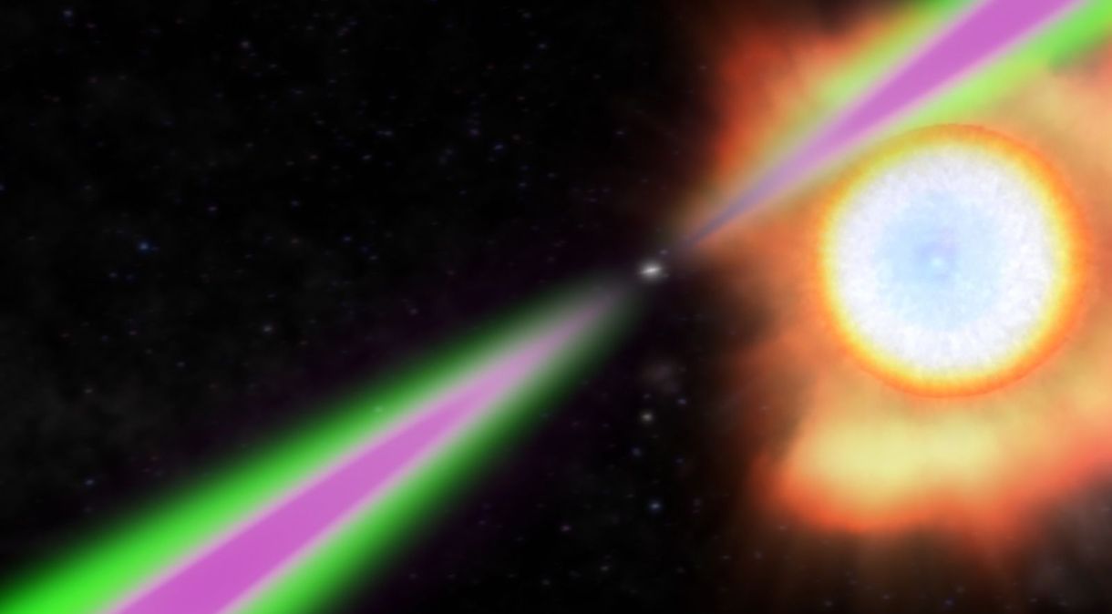 Ilustração mostra uma estrela de nêutrons radiante e sua estrela companheira.