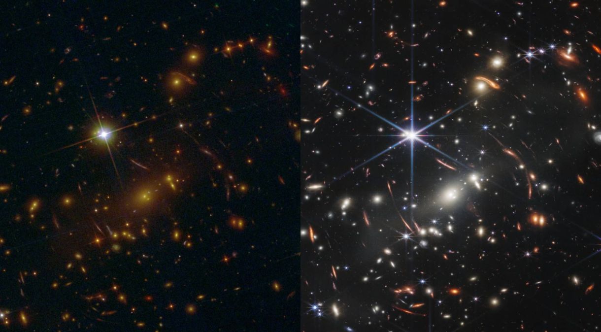 Aglomerado de galáxias SMACS 0723 fotografado pelo telescópio Hubble (à esquerda), e pelo telescópio James Webb (à direita)