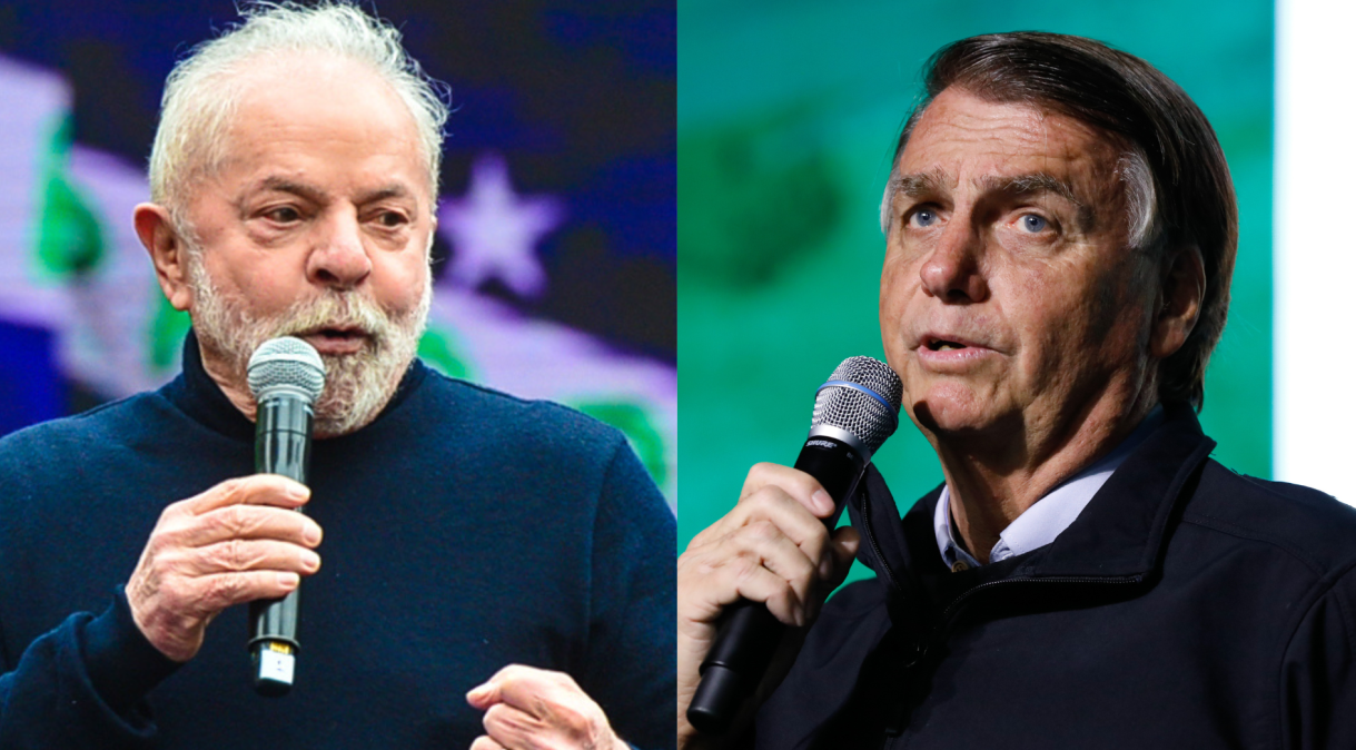 Lula (PT) (esq.) e Bolsonaro (PL) (dir.) em atos de campanha