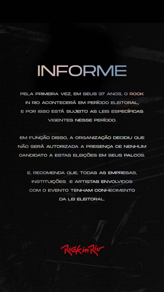 Informe publicado pela organização do Rock in Rio sobre a presença de candidatos às eleições de 2022 no palco do festival. / Reprodução