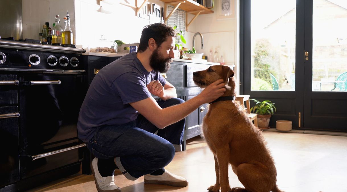 Tutor fazendo carinho em seu cachorro na cozinha de uma casa