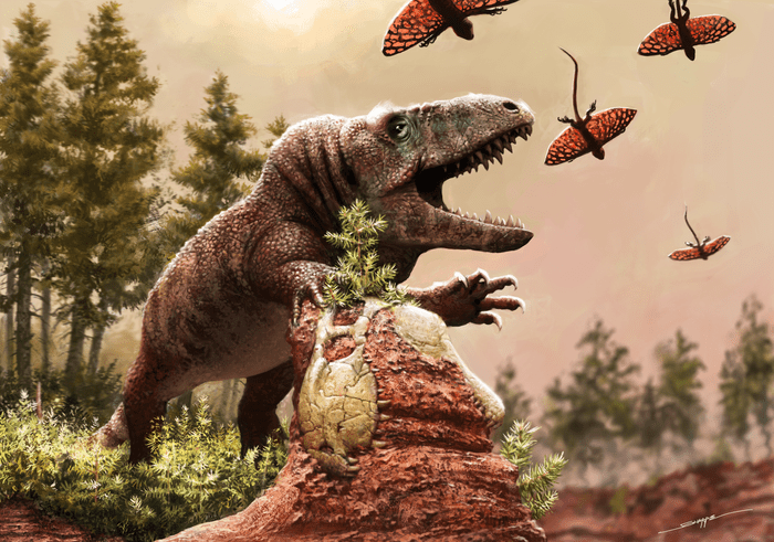 imagem mostra um erythrosuchid carnívoro maciço, de cabeça grande (próximo em relação aos crocodilos e dinossauros) e um pequeno réptil planador há cerca de 240 milhões de anos