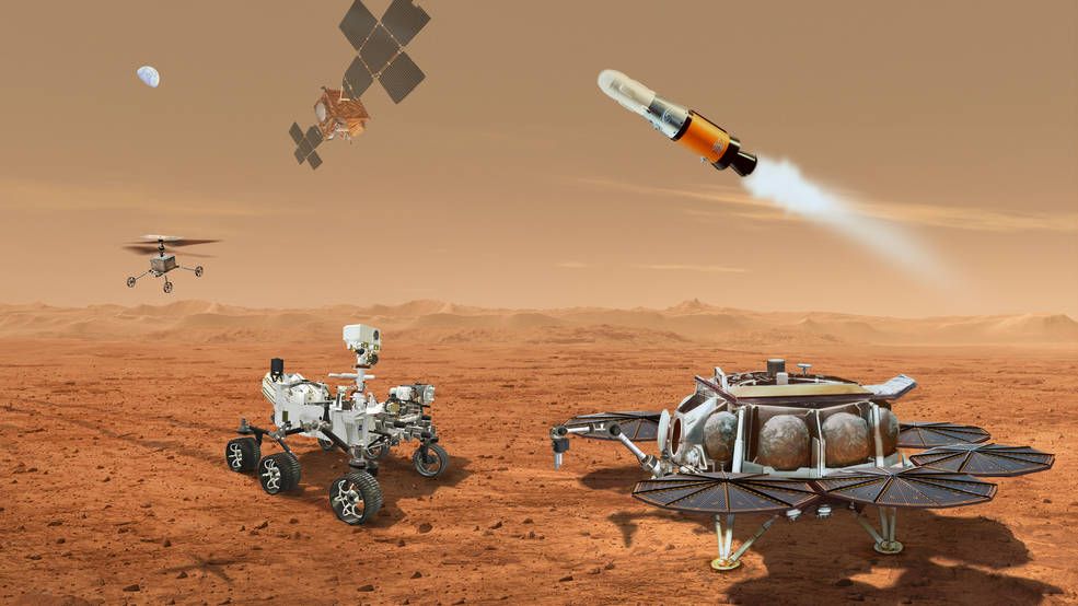 Esta ilustração mostra um conceito para vários robôs que se uniriam para transportar para a Terra amostras coletadas da superfície de Marte