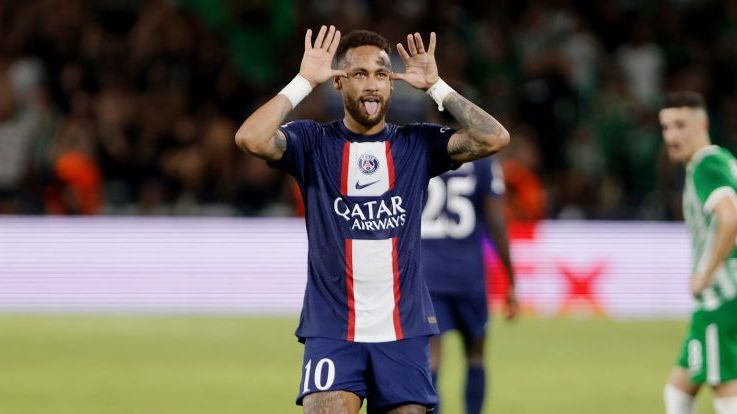 Neymar Jr, do Paris Saint Germain (PSG), comemora gol durante a partida da Liga dos Campeões da UEFA contra o Maccabi Haifa14.09.22