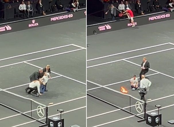 Partida de tênis é interrompida após manifestante incendiar seu próprio braço