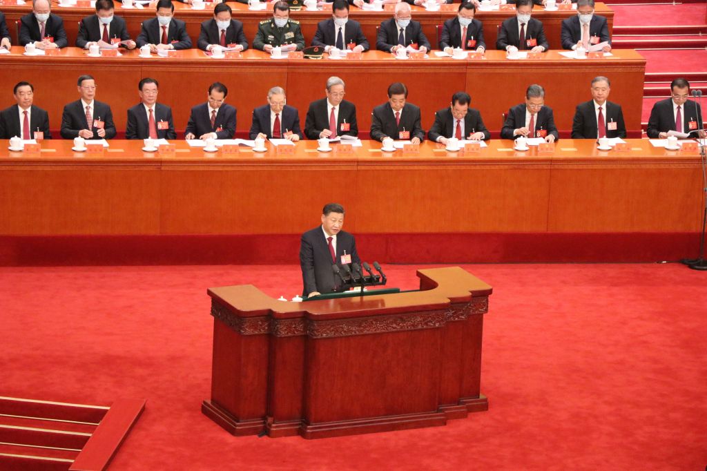 Presidente chinês e secretário-geral do Partido Comunista, Xi Jinping fala durante o 20º Congresso Nacional do PCC.