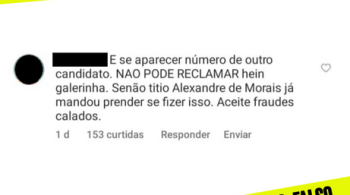 Circula pelas redes sociais uma imagem afirmando que eleitores serão presos caso denunciem que digitaram na urna o número de seu candidato e apareceu outro durante a votação. 