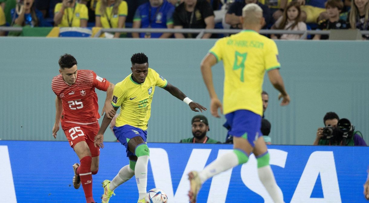Vinícius Jr., atacante da Seleção Brasileira durante a partida contra a Suíça pela Copa do Mundo do Catar