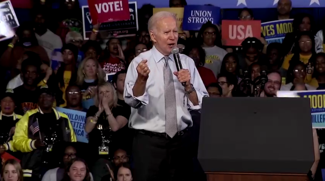 Presidente dos Estados Unidos, Joe Biden, em um comício em Maryland