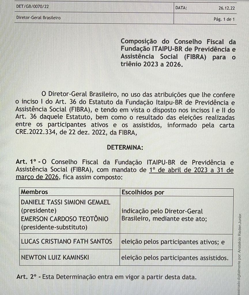 Alteração no Conselho Fiscal da Fibra, que é a Fundação Itaipu Brasil