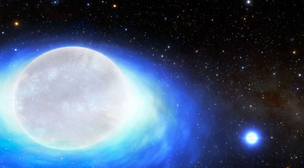 A impressão deste artista é um sistema estelar binário raro descoberto na Via Láctea. A estrela secundária do tipo Be (esquerda) aumentou de tamanho devido ao material liberado pela estrela primária (direita).