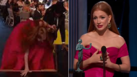 Jessica Chastain tropeça, cai em premiação e é comparada com Jennifer Lawrence