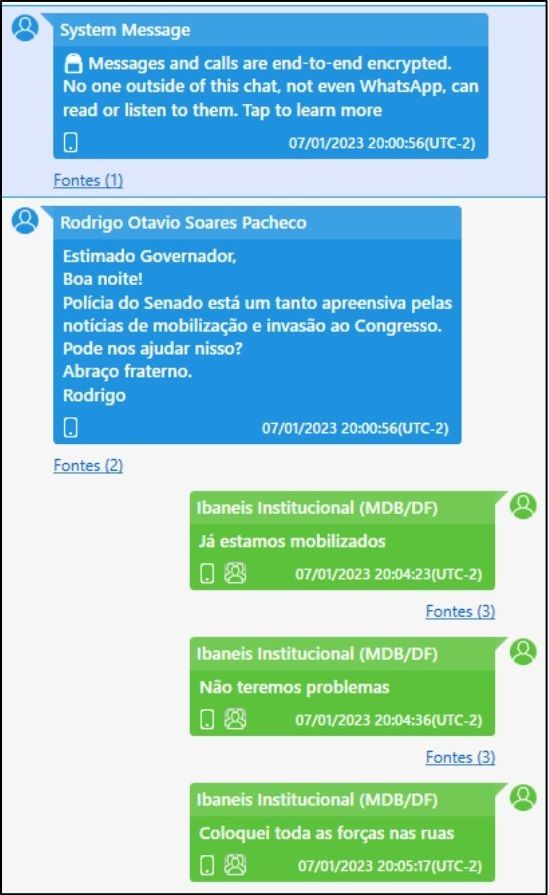 Troca de mensagens entre o então governador do DF, Ibaneis Rocha, e o presidente do Senado, Rodrigo Pacheco (PSD-MG), no dia anterior aos atos criminosos de 8 de janeiro.