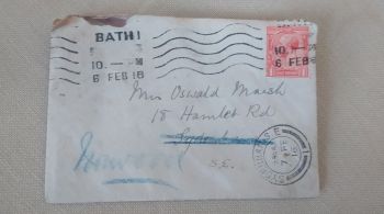 Envelope com selo de um pence com a cabeça do rei George V foi escrita em 1916