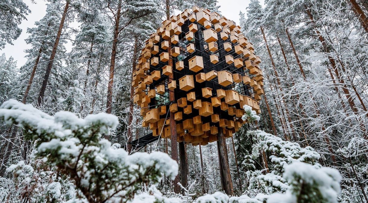 O Biosphere at Treehotel by Bjarke Ingels Group é uma suíte alpina coberta por 350 casas de pássaros para abrigar hóspedes humanos e pássaros locais