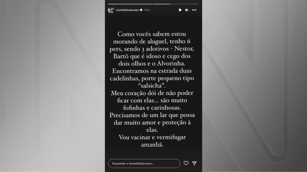 Mensagem publicada nos stories do Instagram pela ex-primeira-dama Michelle Bolsonaro