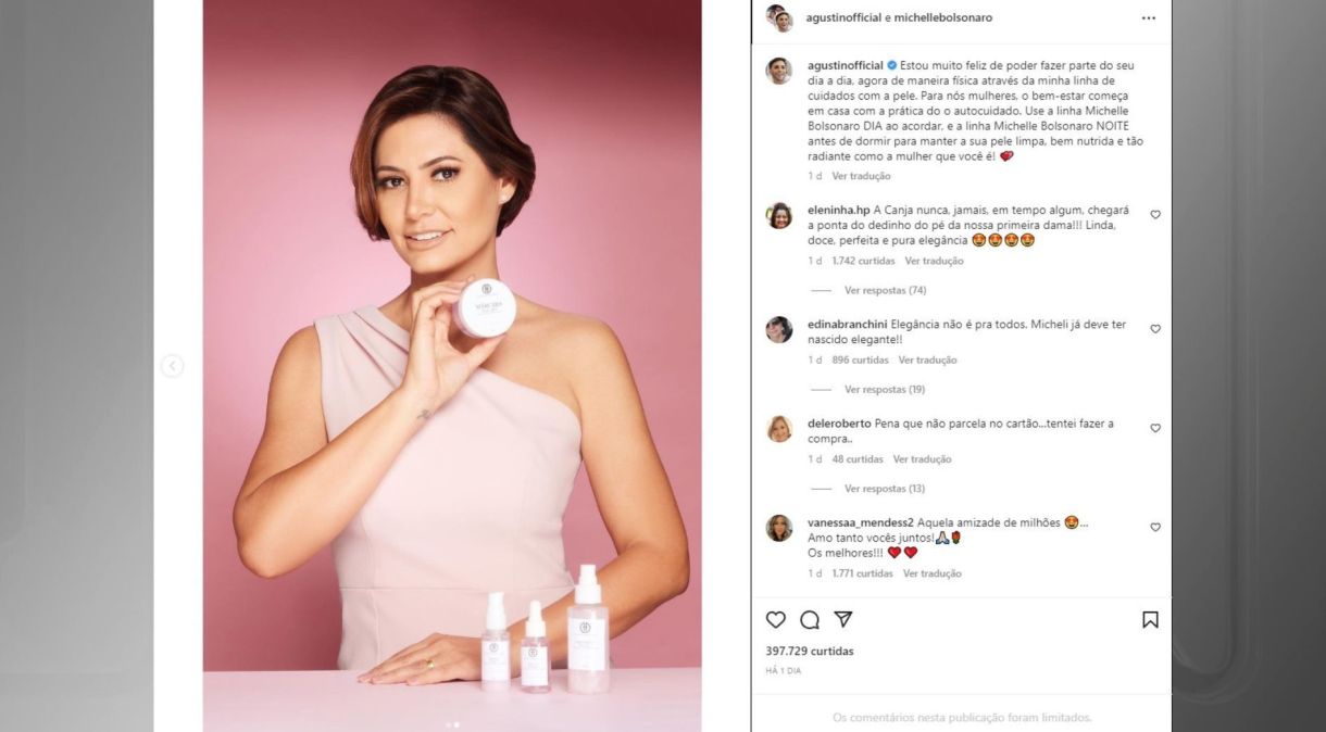 Michelle Bolsonaro apresentando sua linha de produtos