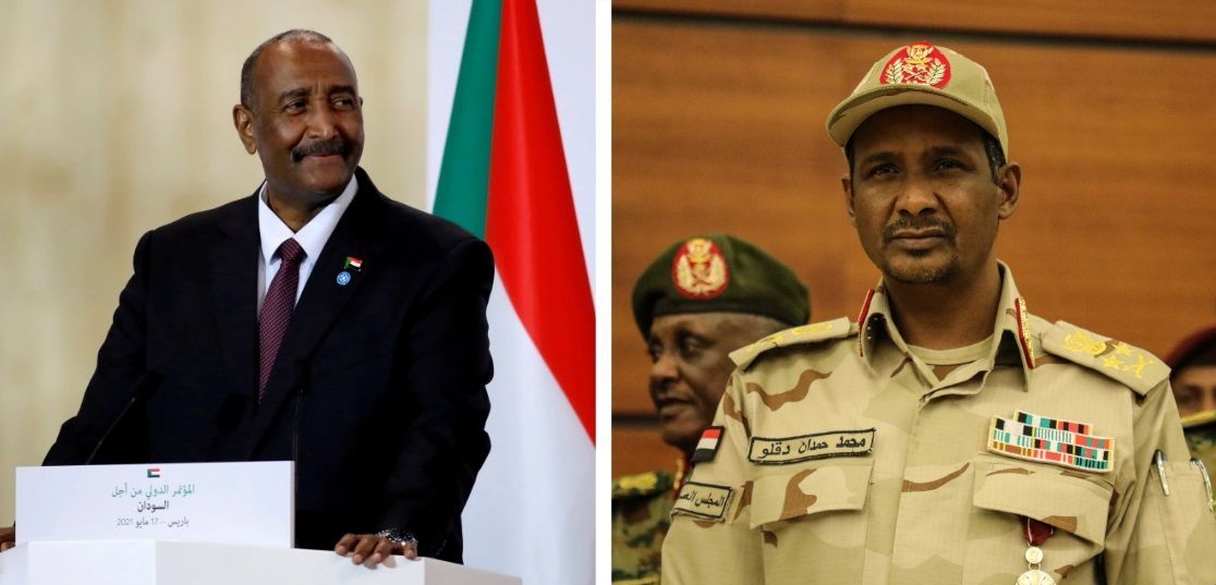 Chefe do Exército sudanês, general Abdel Fattah al-Burhan, e líder do RSF, general Mohamed Hamdan Dagalo