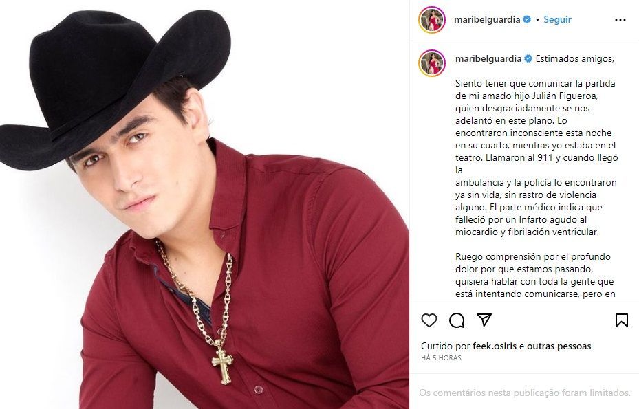 Mãe de Julián Figueroa, a atriz Maribel Guardia, anunciou a morte em suas redes sociais