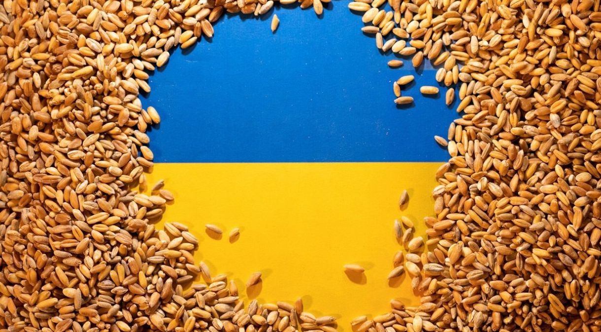 Bandeira da Ucrânia coberta por grãos em alusão ao acordo em torno dessa commodity com a Rússia