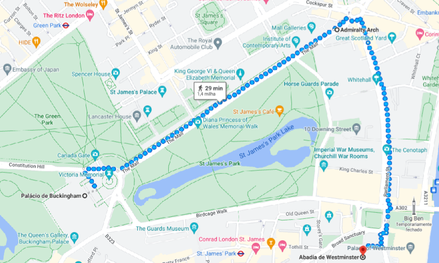 Simulação de caminhada a pé pelo Google Maps do trajeto que será feito pela "Procissão do Rei" na coroação de rei Charles III, em 6 de maio.