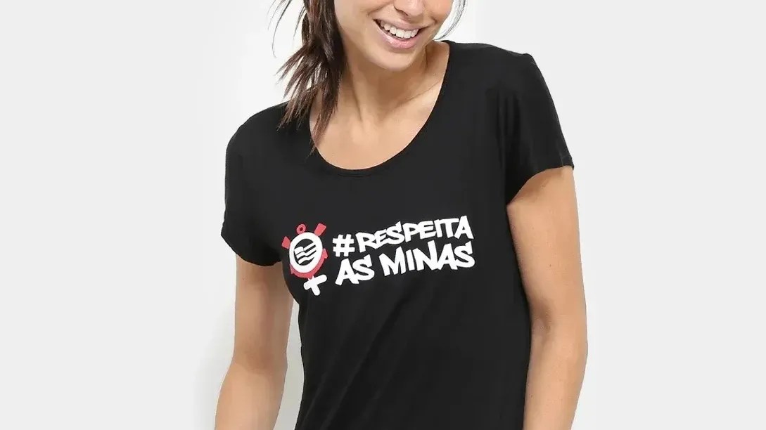 Camisa feminina do Corinthias com a hashtag #RespeitaAsMinas