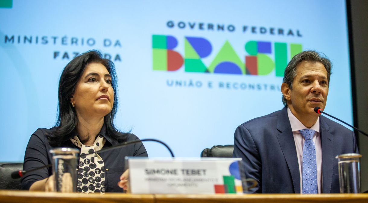 Simone Tebet, ministra do Planejamento, e Fernando Haddad, ministro da Fazenda