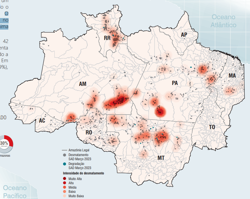 Monitoramento de desmatamento na Amazônia Legal feito pelo Imazon em março de 2023. 
