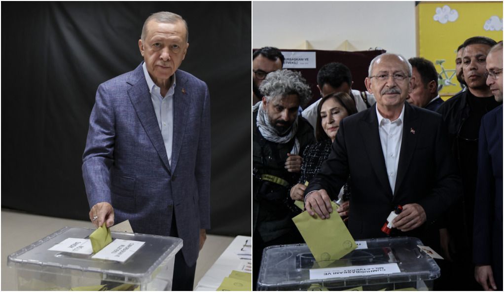 O presidente turco Recep Tayyip Erdogan (esq.) e seu principal adversário da oposição, Kemal Kilicdaroglu (dir.), votam nas eleições da Turquia deste domingo (14).