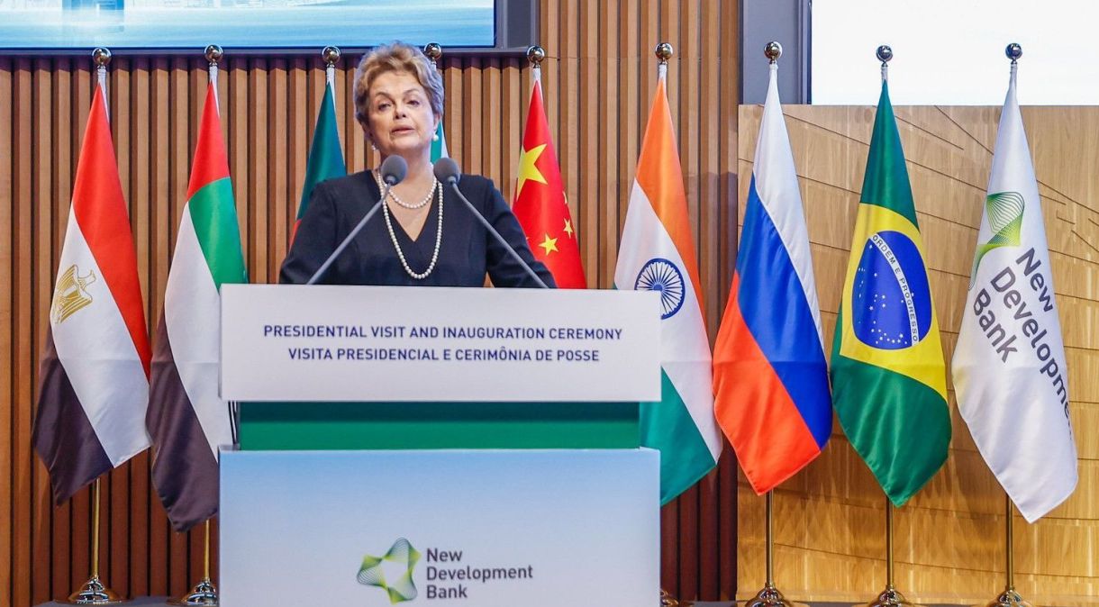 Cerimônia de posse de Dilma Rousseff como presidente do Novo Banco de Desenvolvimento, o NBD, em abril de 2023, em Xangai, na China.