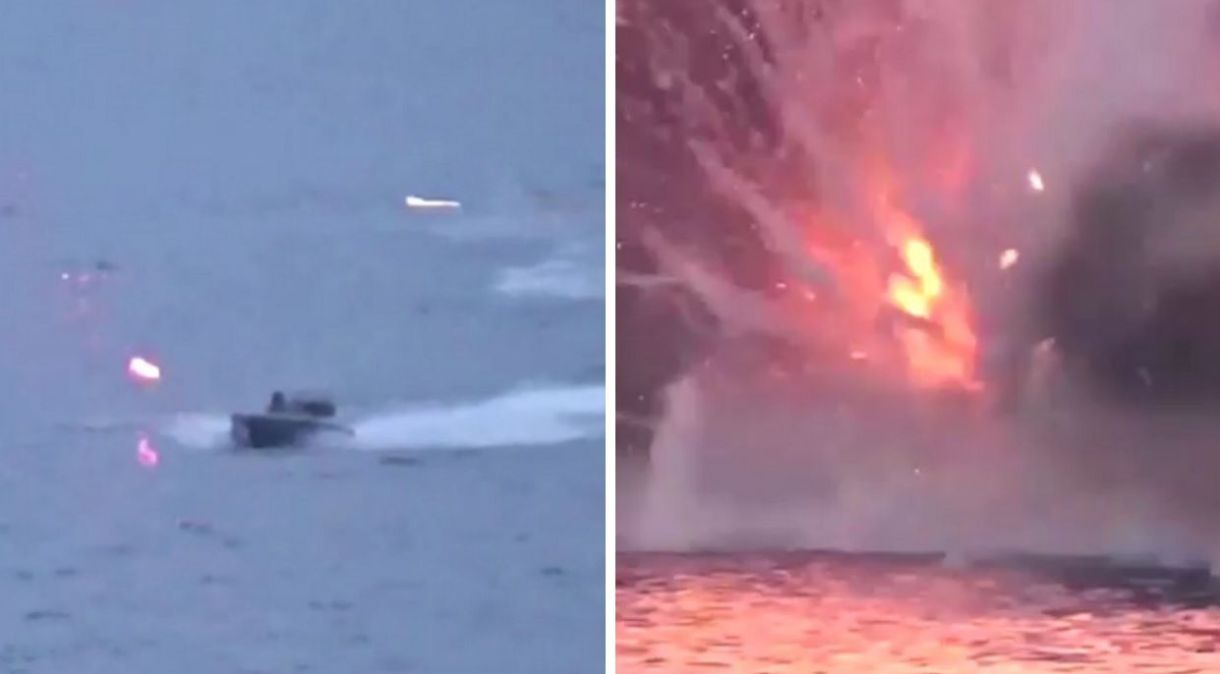 Imagens divulgada pelo Ministério da Defesa russo mostra embarcação se aproximando e sendo atingida em seguida