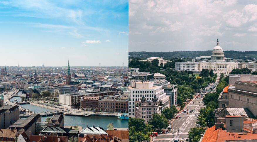 Capitais de Dinamarca e Estados Unidos. À direita, Copenhague, e, do lado esquerdo, Washington, DC