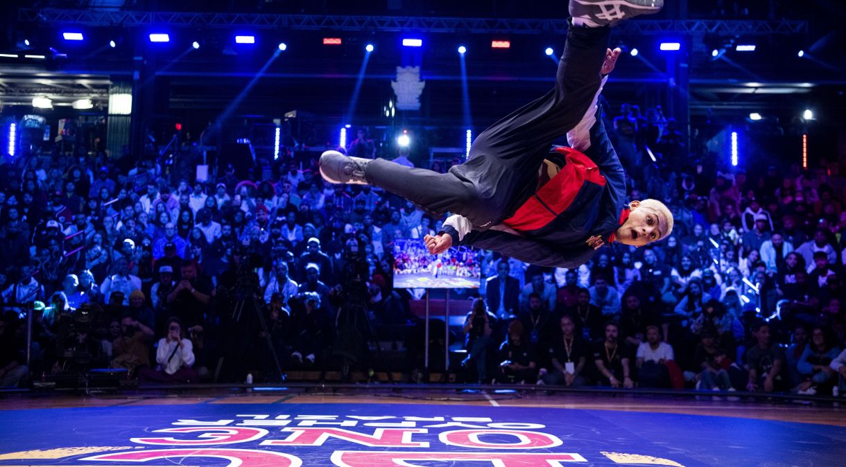 B-boy Leony competes at the Red Bull Bc One cypher Brazil at Streetopia in Sao Paulo, Brazil on July 31st, 2022.