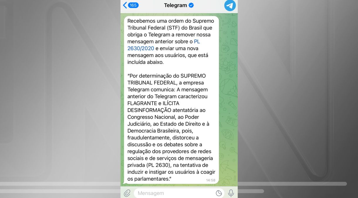 Nova mensagem divulgada pelo Telegram