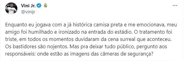 Mensagem publicada pelo jogador Vinícius Jr. após novo caso de racismo