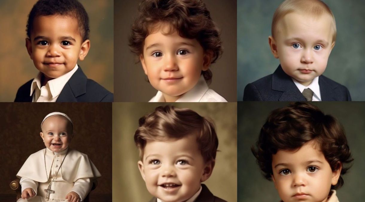 Em sentido horário: Barack Obama, Justin Trudeau, Vladimir Putin, Papa Francisco, John F. Kennedy e Lula em suas versões bebês