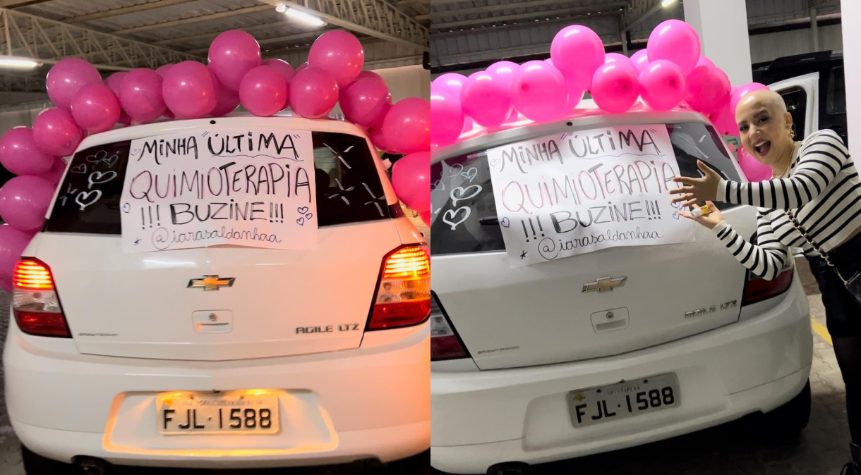 Iaraçã decorou o carro com um cartaz pedindo que outros veículos buzinassem em celebração à sua última sessão de quimioterapia