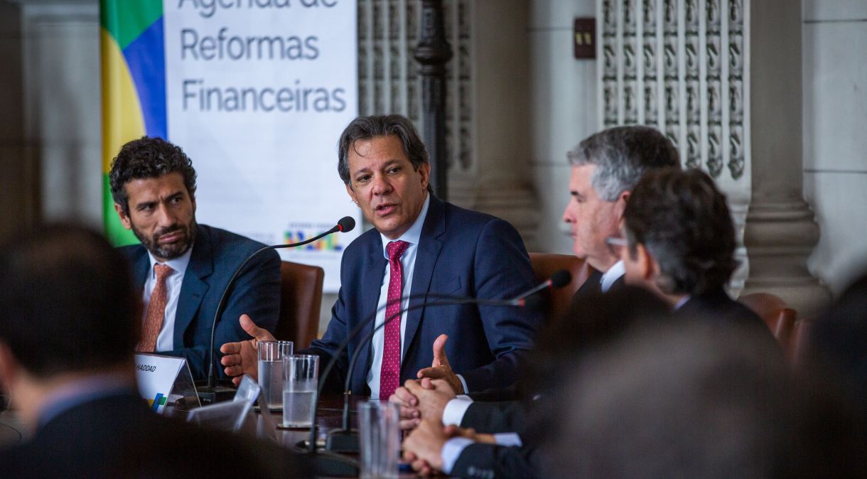 Fernando Haddad e Marcos Pinto em lançamento de reformas microeconômicas