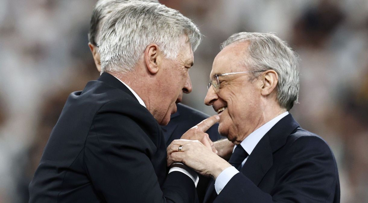 O técnico Carlo Ancelotti e o presidente do Real Madrid, Florentino Pérez