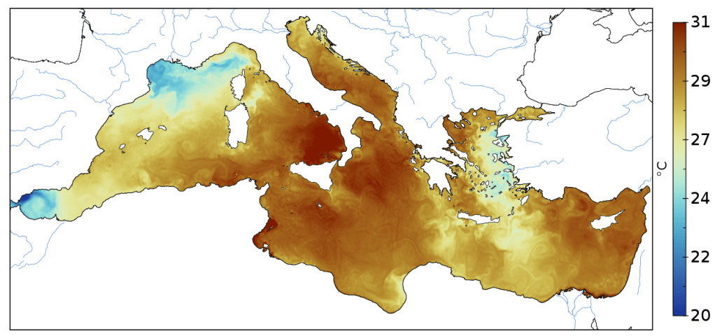 Mapa de calor da superfície do Mar Mediterrâneo registrado na última segunda-feira (24) 