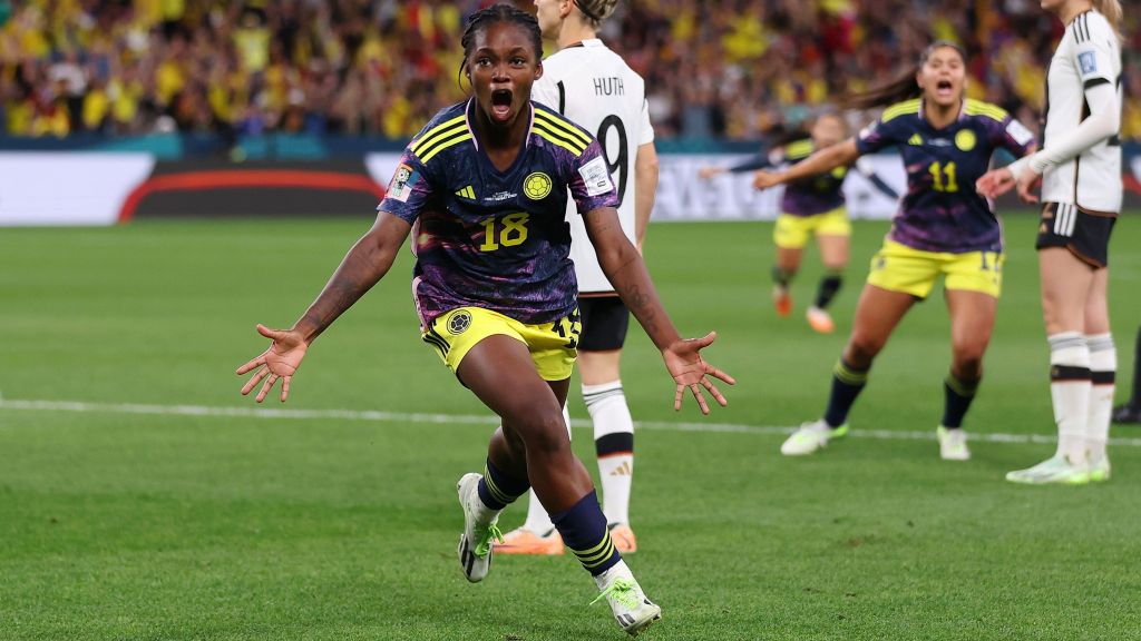 Linda Caicedo comemora o gol contra a Alemanha na Copa do Mundo