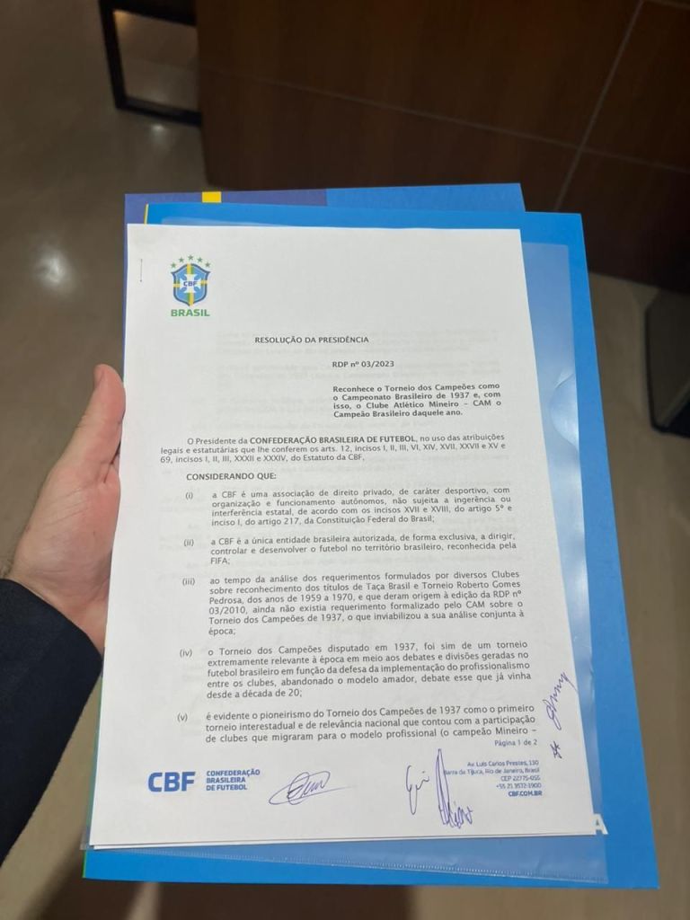 Documento da CBF reconhece Atlético-MG como campeão brasileiro de 1937