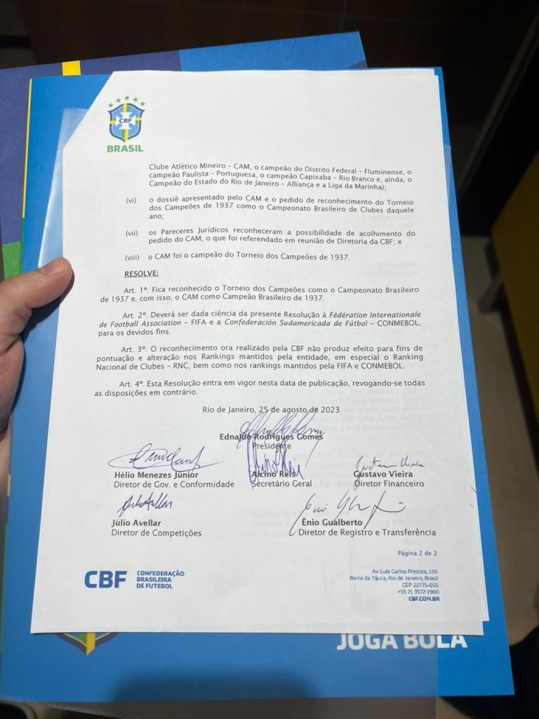 Documento da CBF reconhece Atlético-MG como campeão brasileiro de 1937