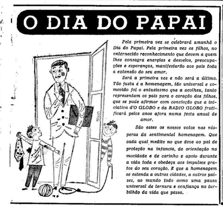 Anúncio do primeiro Dia dos Pais no Brasil, na edição do jornal O Globo em 15 de agosto de 1953.