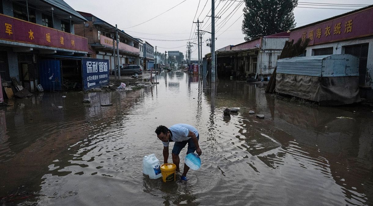 Um homem atravessa as águas de uma enchente em uma rua em Zhuozhou em 5 de agosto