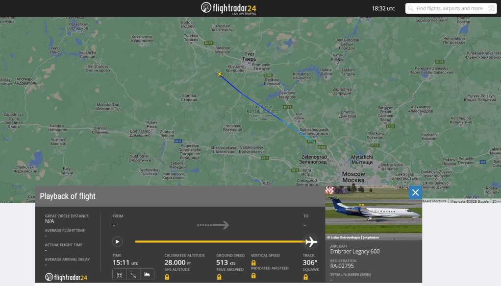 Site FlightRadar24 mostra que avião em que estaria Prigozhin parou de transmitir dados por volta das 18h11, horário local