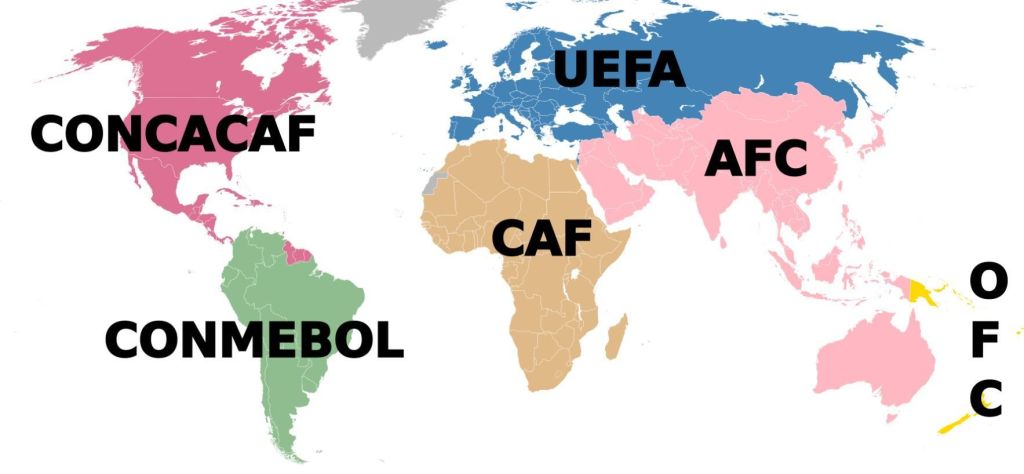 Mapa com as federações e confederações filiadas à Fifa