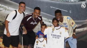 Jogadores como Rodrygo, Éder Militão e Vinicius Junior, além do presidente Florentino Pérez, posaram para fotos com a menina